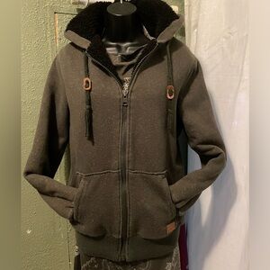 Buffalo David Bitton Sz Med Khaki Green Sherpa Lined Zip Hoodie